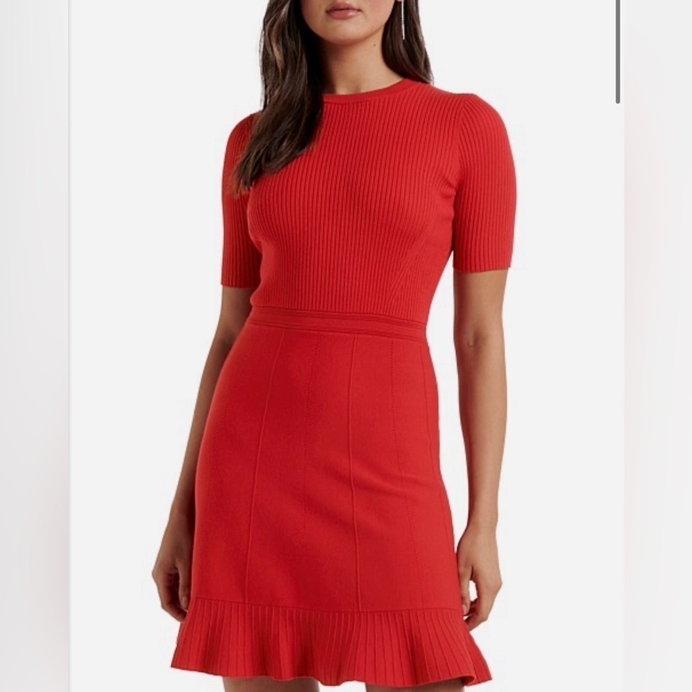 Forever‎ New Womens Red Ruffle Cleo Mini Knit Christmas Holiday Party Dress 2